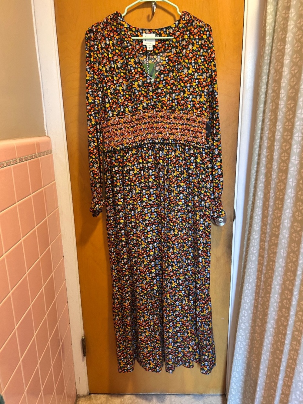 Joanie long-sleeve ditsy rainbow floral on black maxi dress, size 10, NWT
